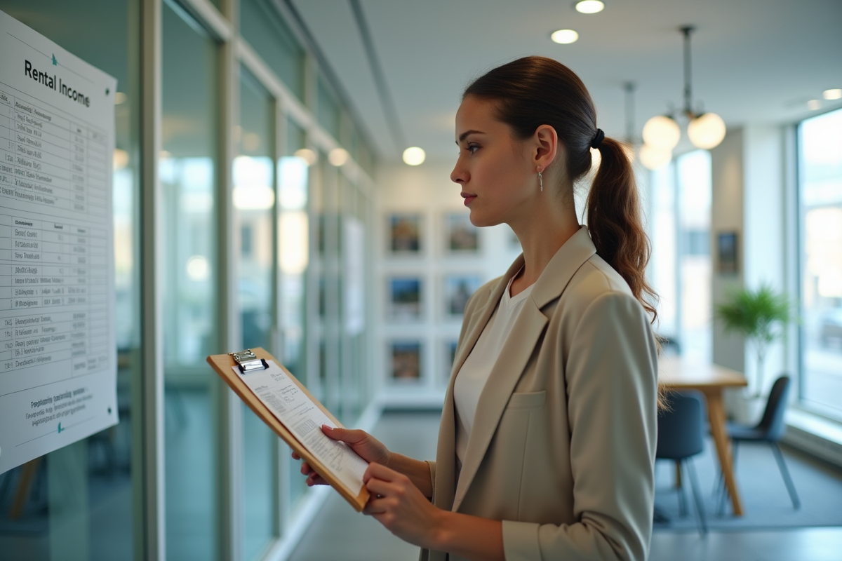 Jeune femme examinant un graphique dans une agence immobiliere lumineuse