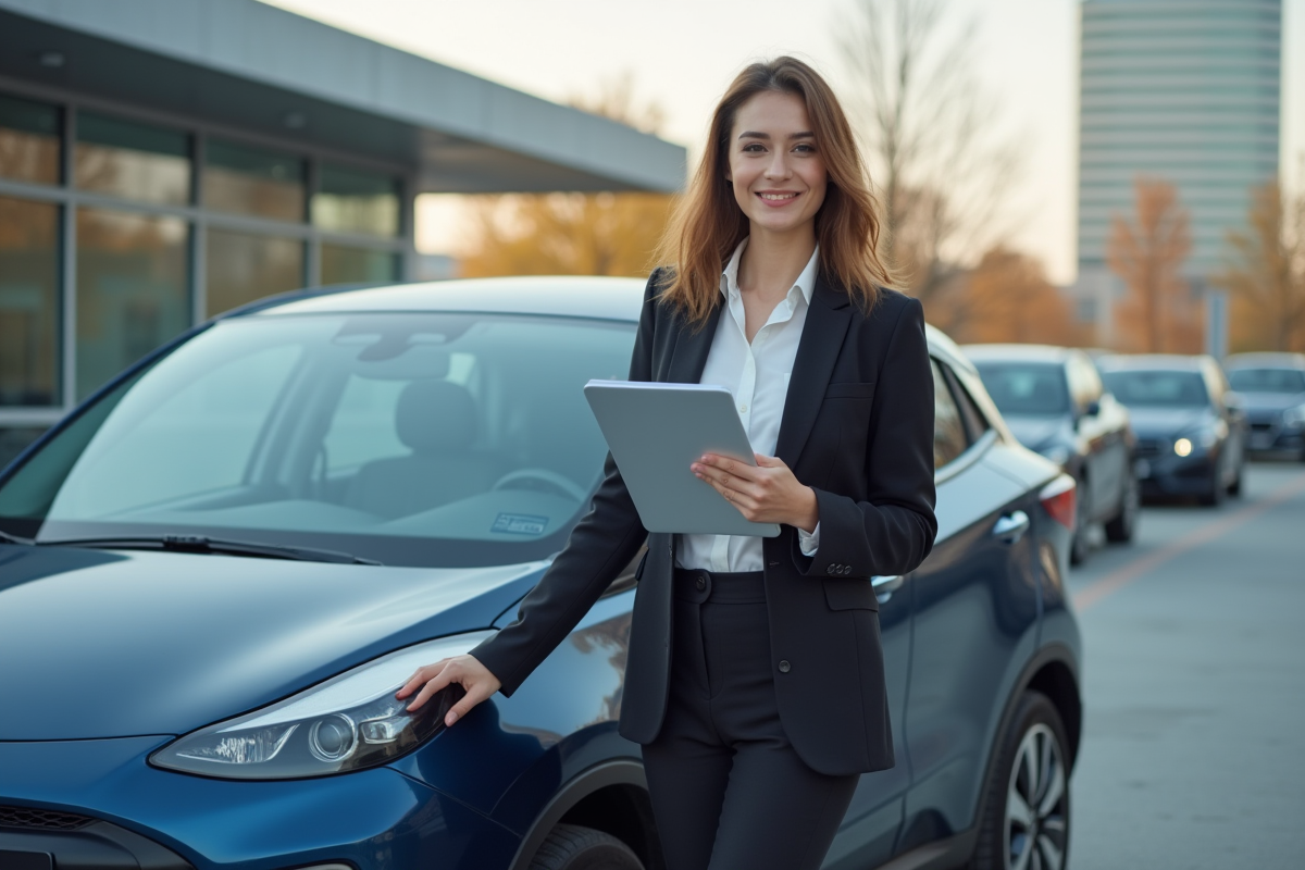 Jeune femme entrepreneure avec voiture électrique et assurance