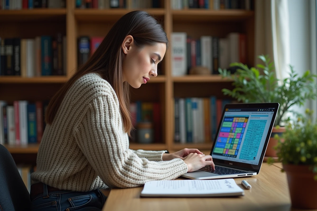 Jeune femme examinant grille de loto sur ordinateur dans un bureau