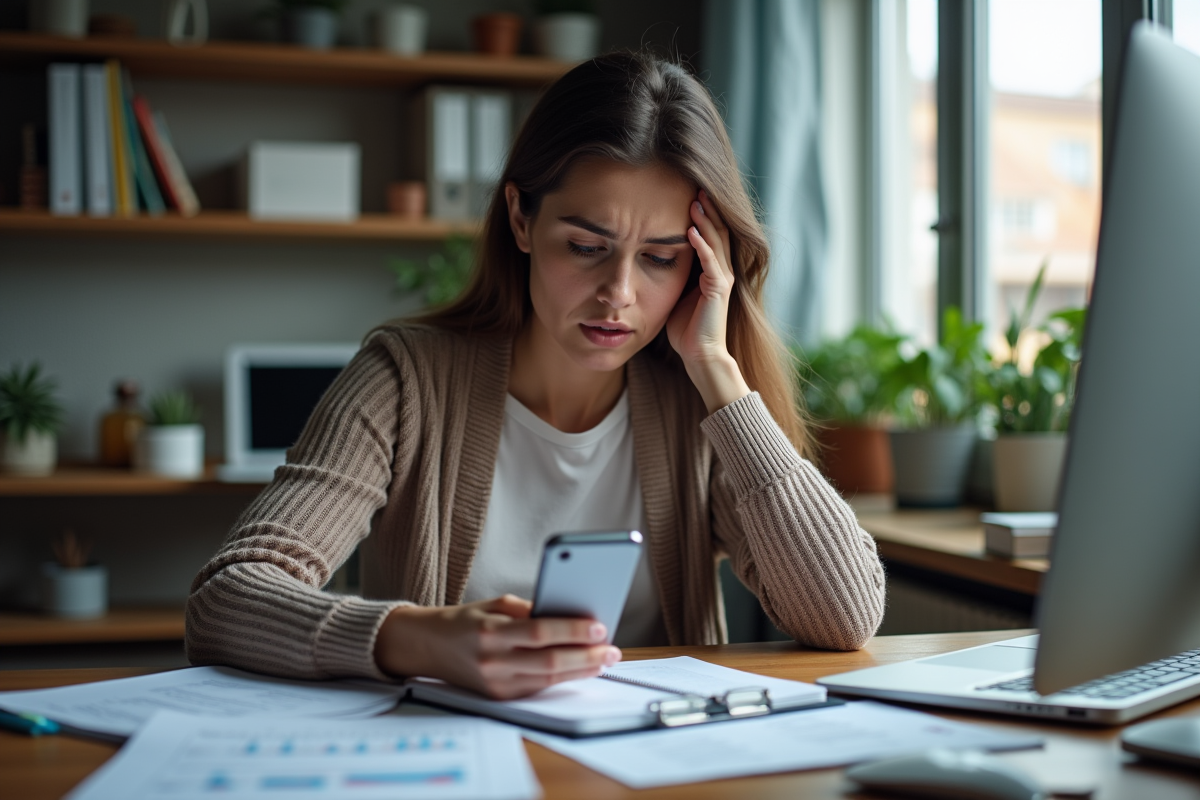 Jeune femme concentrée sur son smartphone dans un bureau à domicile