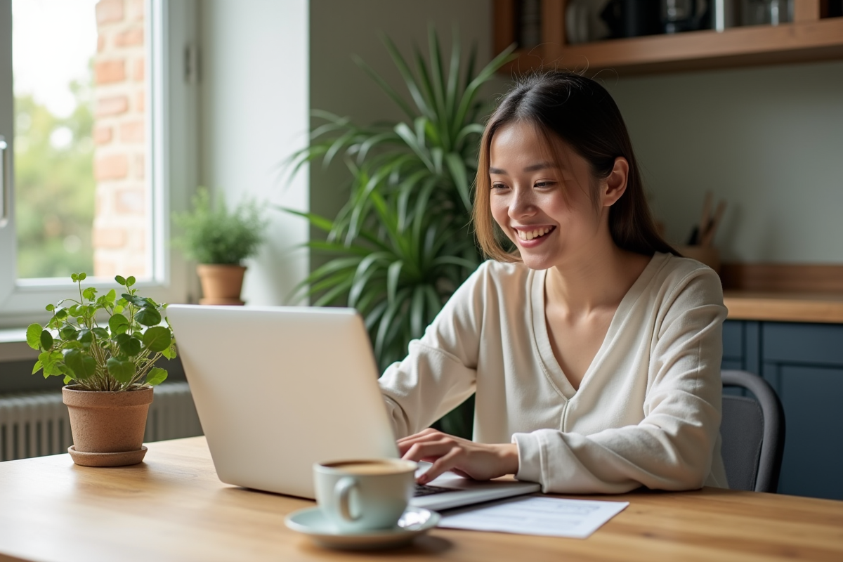 Jeune femme comparant Crédit Mutuel et Crédit Agricole sur un ordinateur dans la cuisine