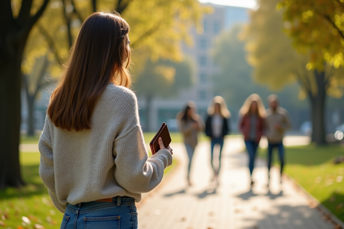 Jeune femme dans un parc regardant un groupe d amis en souriant