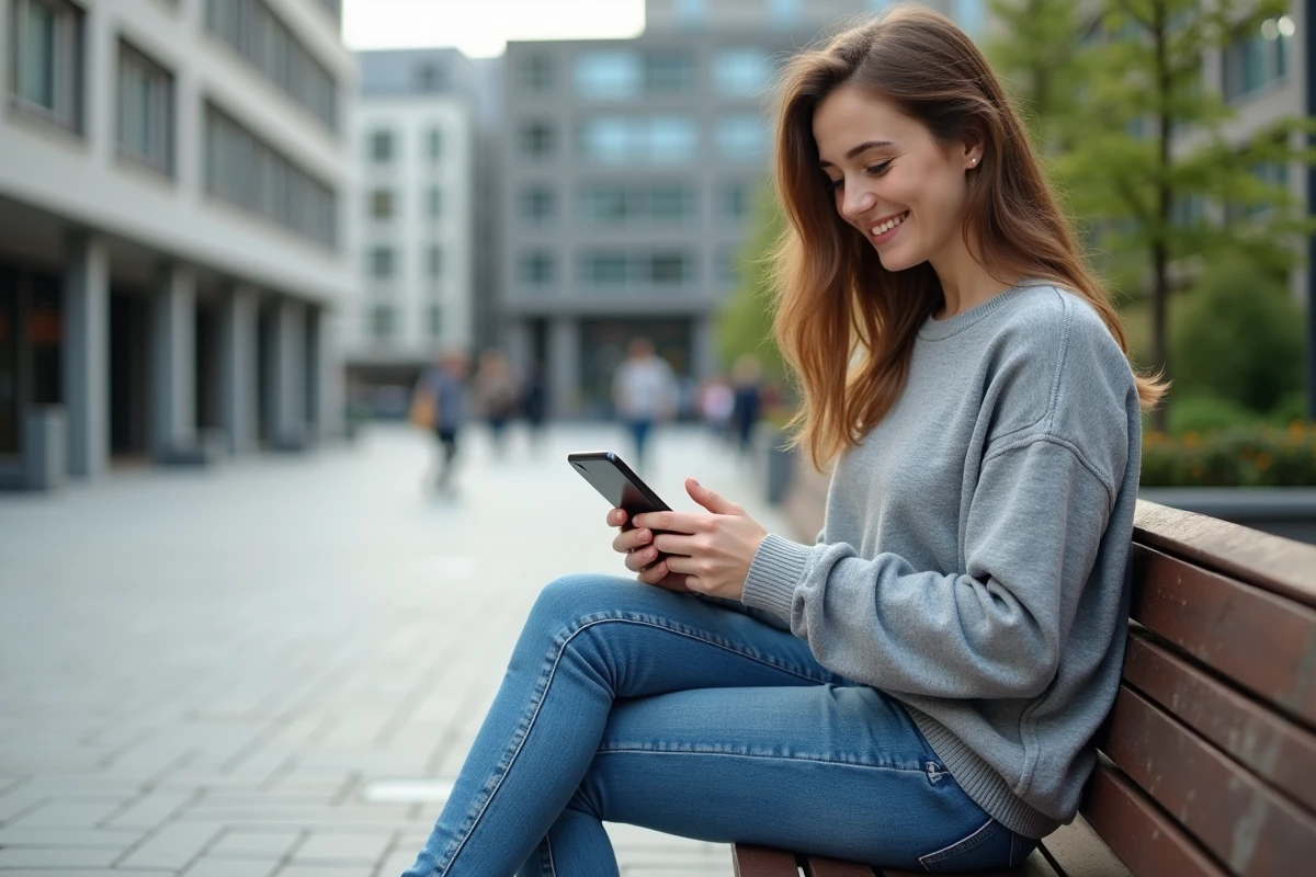 Jeune femme souriante sur un banc en ville