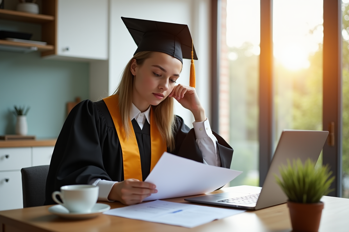 Jeune diplômé en robe dans une cuisine lumineuse à Londres