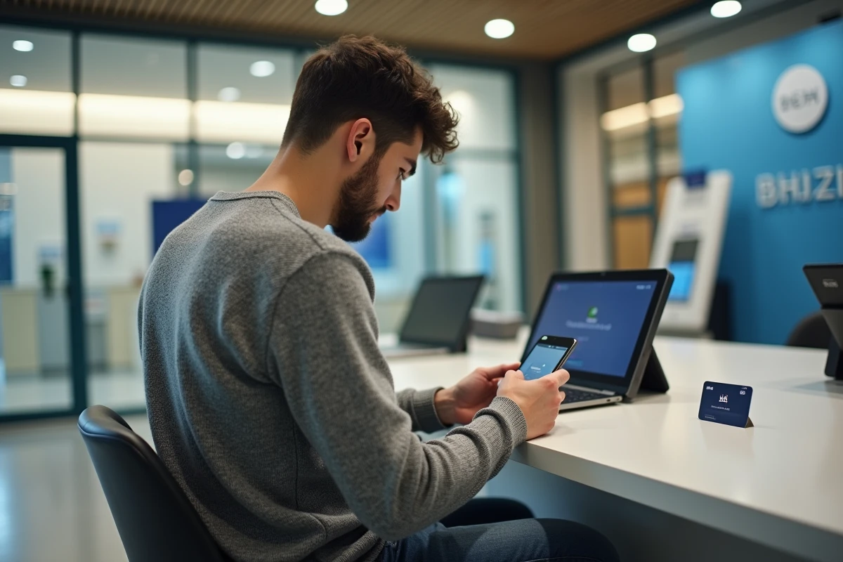 Jeune homme en jean utilisant son smartphone dans une banque