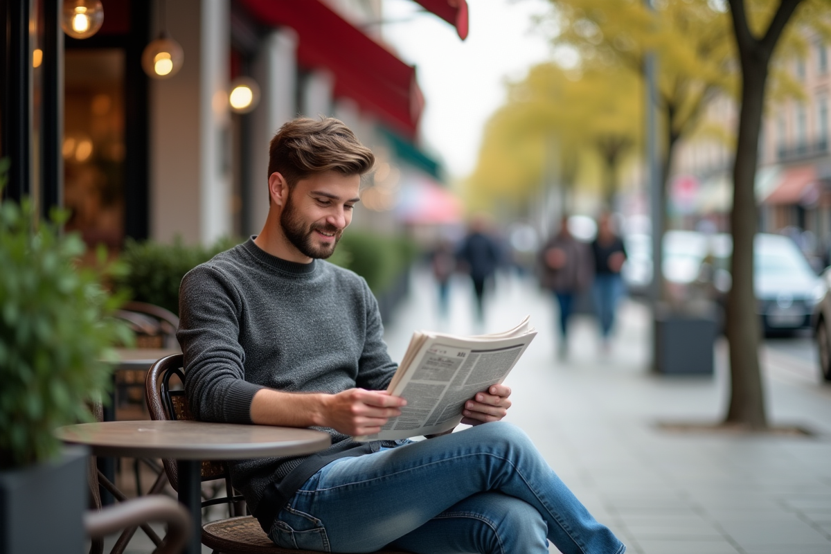 Jeune homme lisant un journal en terrasse de café