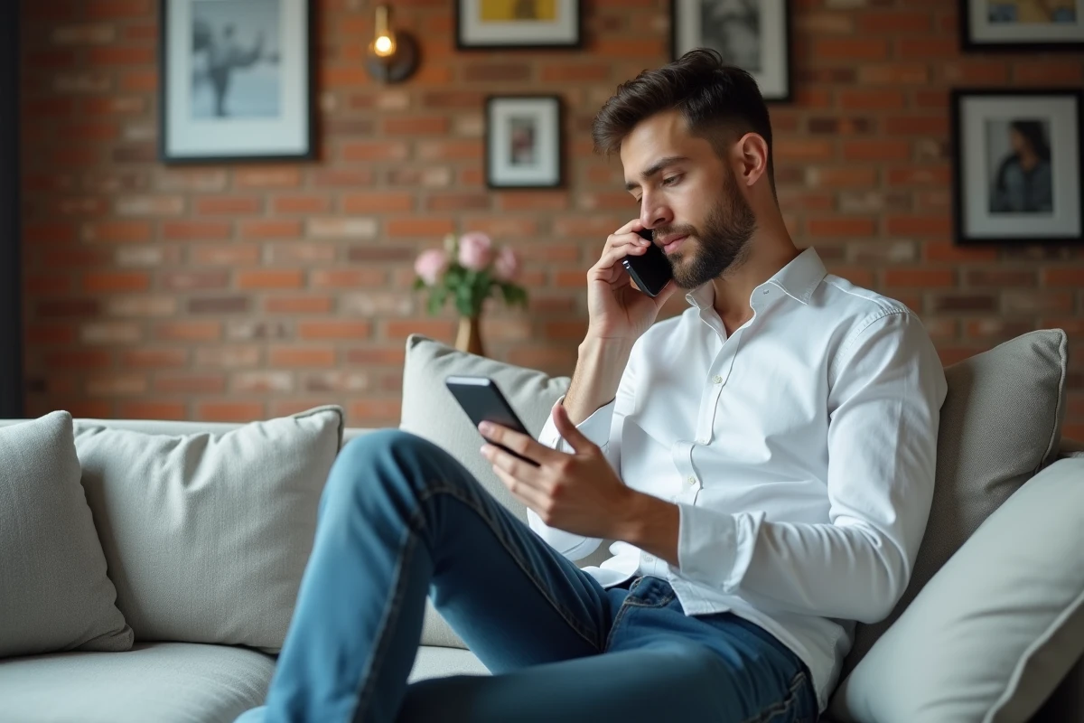Jeune homme au salon en train de composer un num&eacute;ro