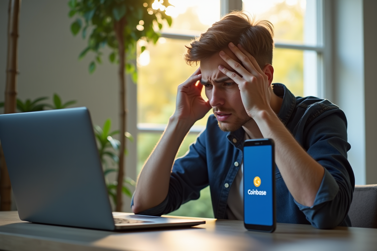 Jeune homme inquiet devant son ordinateur avec logo Coinbase