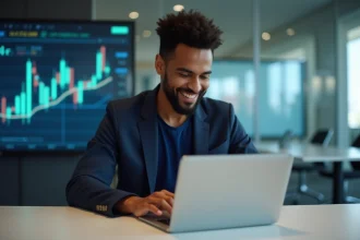 Jeune homme d'origine nord-africaine travaillant sur un ordinateur portable dans un espace coworking