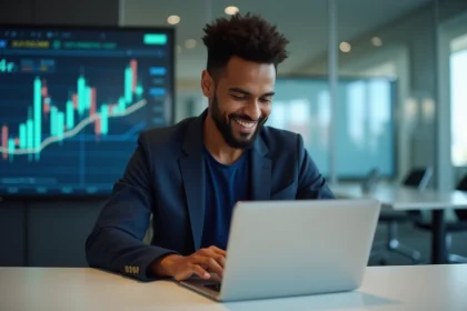 Jeune homme d'origine nord-africaine travaillant sur un ordinateur portable dans un espace coworking