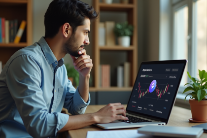 Jeune homme indien étudiant un graphique Pepe coin sur son ordinateur