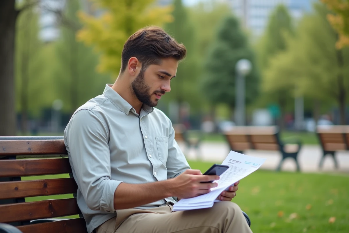 Jeune homme utilisant son smartphone dans un parc urbain