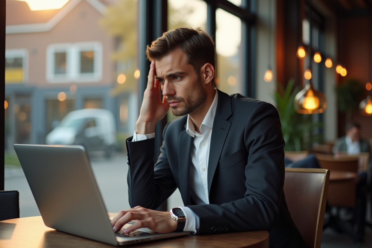 Jeune homme inquiet consulte des offres d'emploi sur son ordinateur dans un café belge