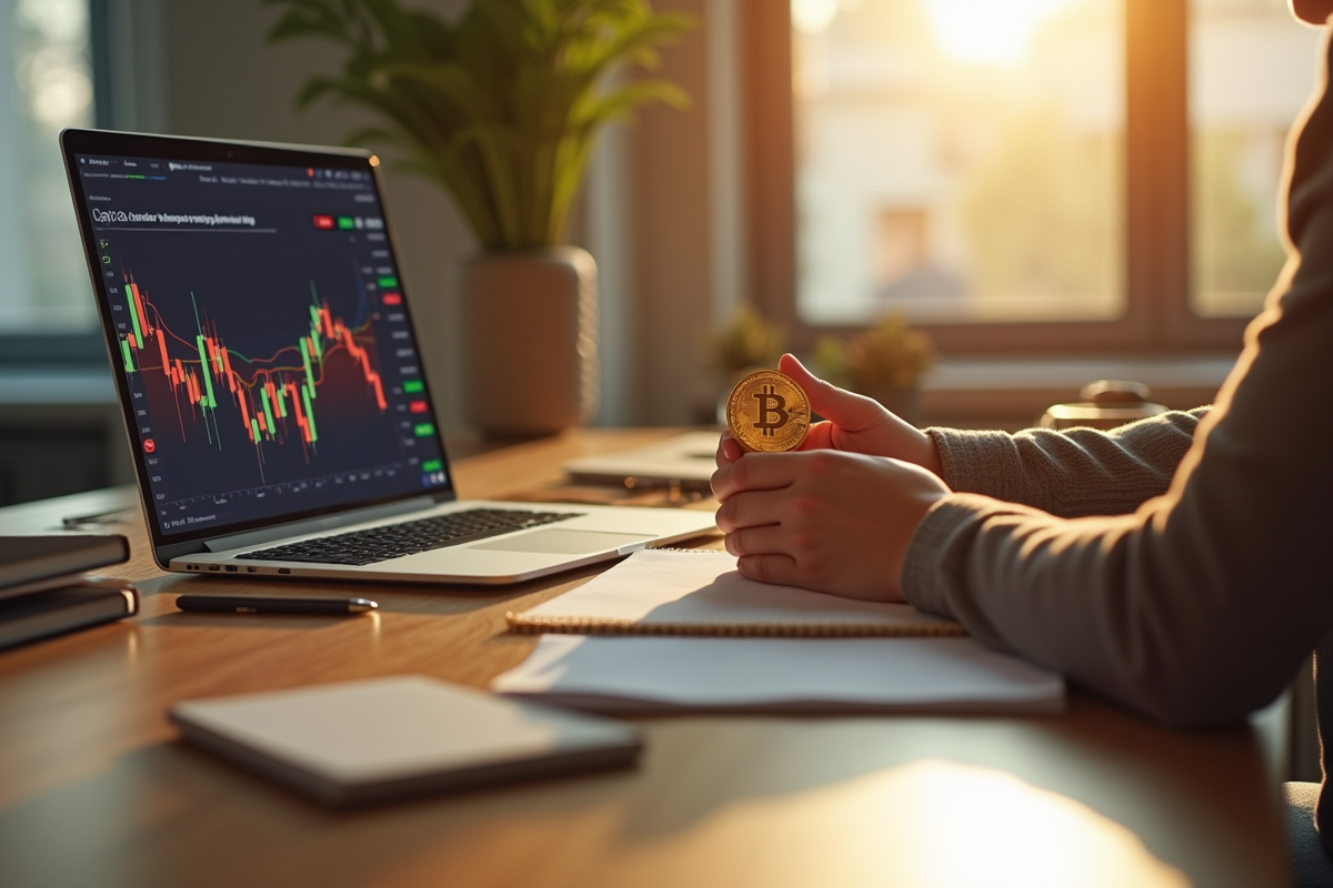 Jeune personne tenant un bitcoin en regardant un graphique crypto