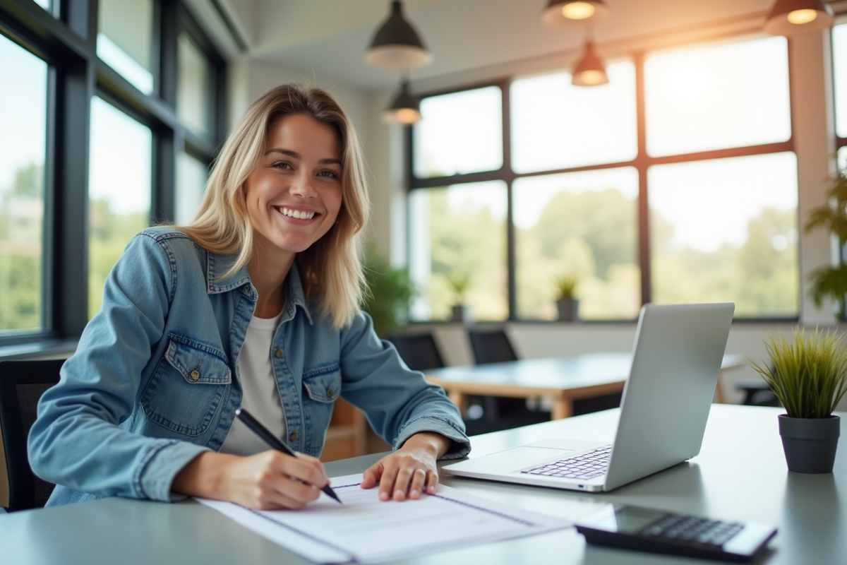 Jeune professionnel signant un contrat de location dans un bureau lumineux