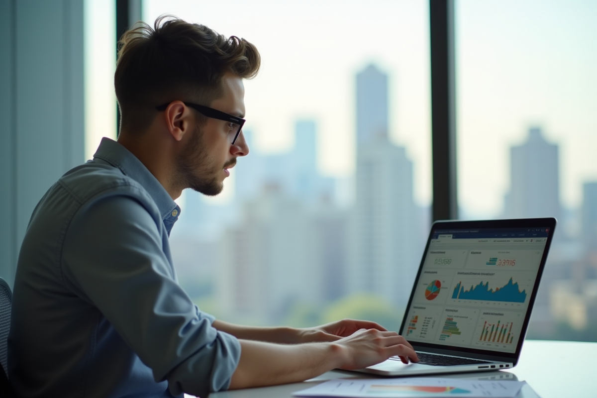 Jeune professionnel analysant des graphiques de rendement locatif