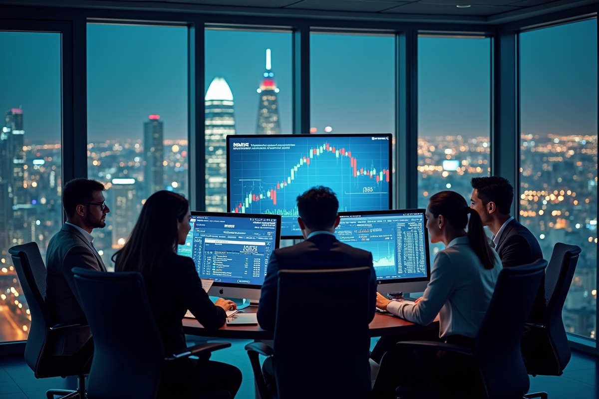 Groupe de jeunes professionnels analysant la cryptomonnaie dans un bureau urbain