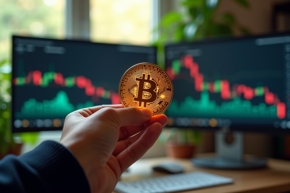 Main tenant une pièce d or Bitcoin devant des écrans de fluctuation des cryptomonnaies