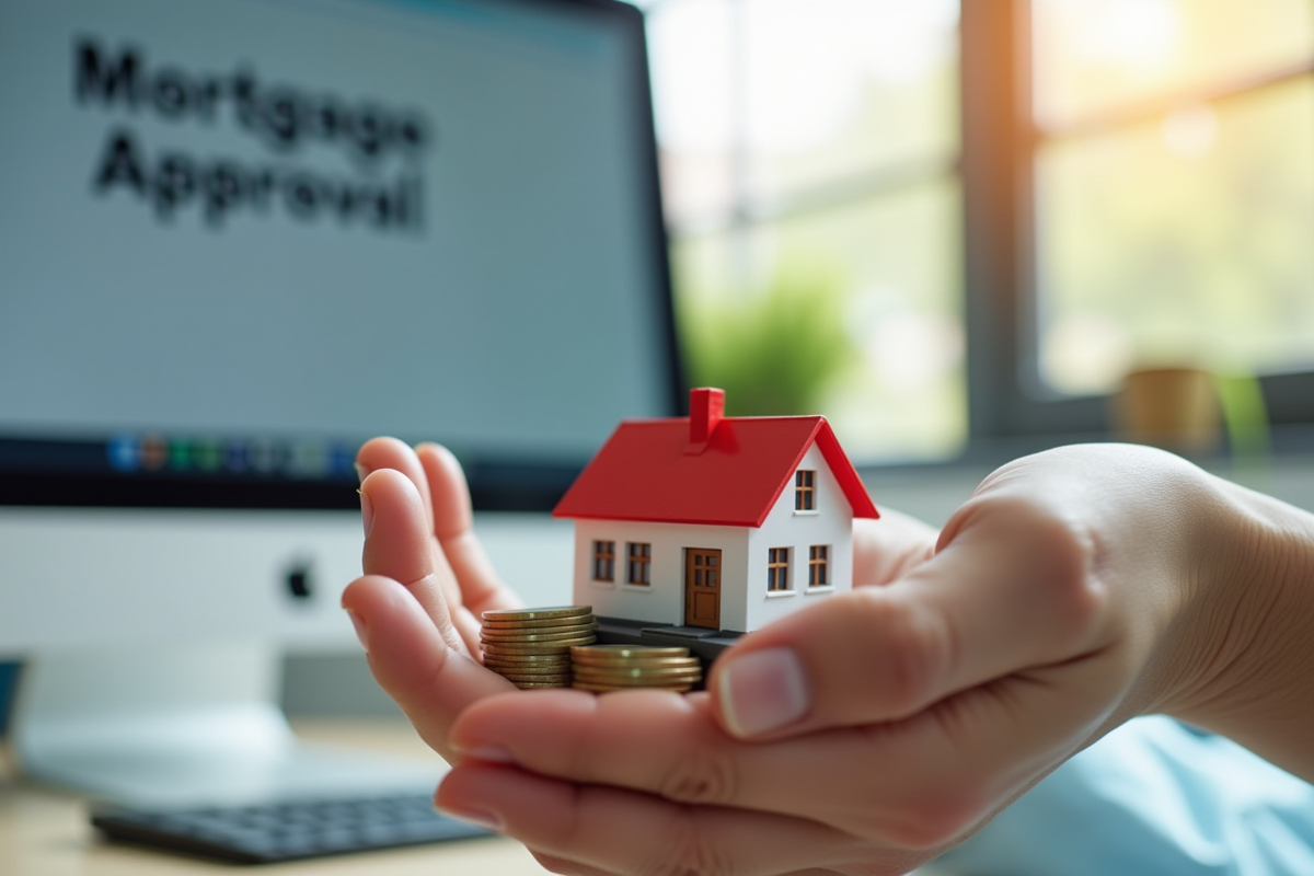 Mains tenant une maquette de maison et des pièces de monnaie dans un intérieur lumineux