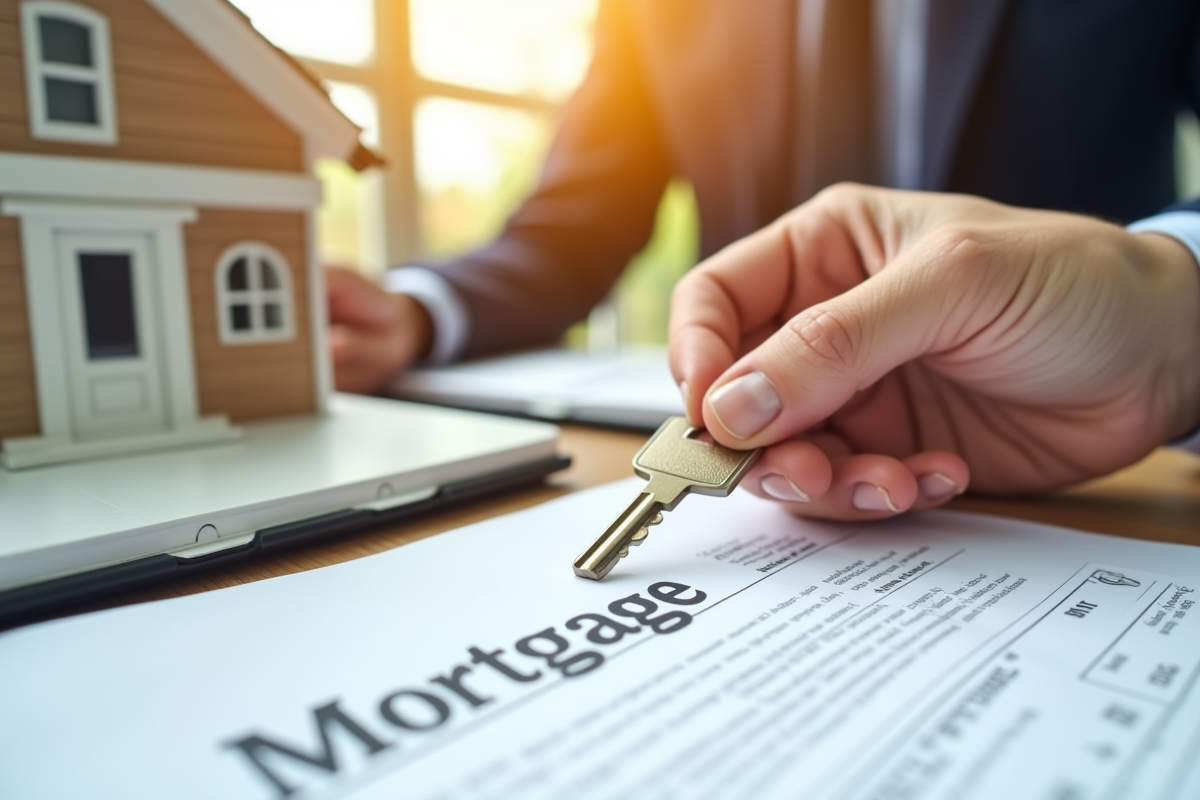 Main posant des clés sur un contrat de prêt immobilier avec maison miniature