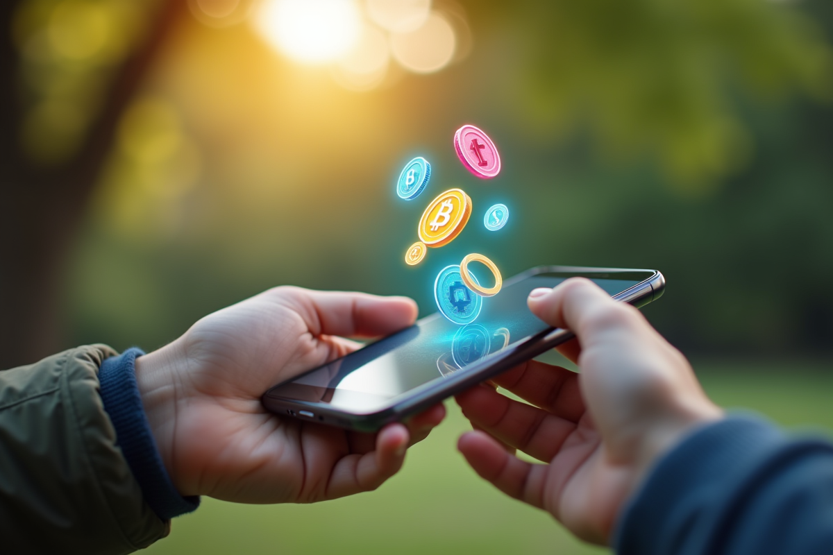 Main tenant un smartphone avec portefeuille crypto holographique