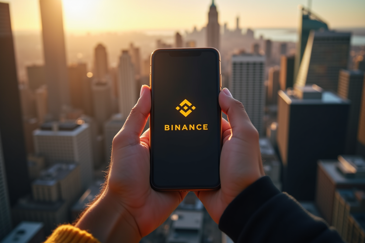 Mains tenant un smartphone avec message restriction Binance sur fond de New York
