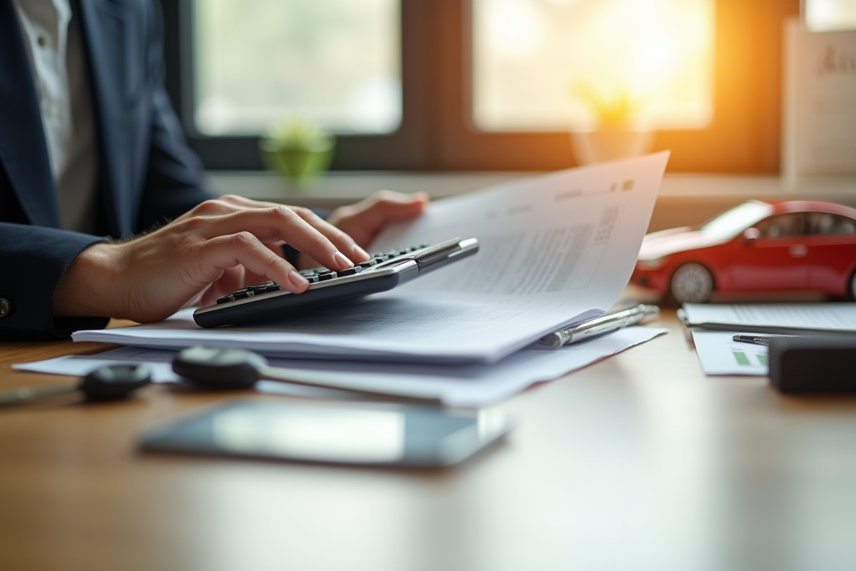 Mains tenant des documents et une calculatrice sur un bureau en bois