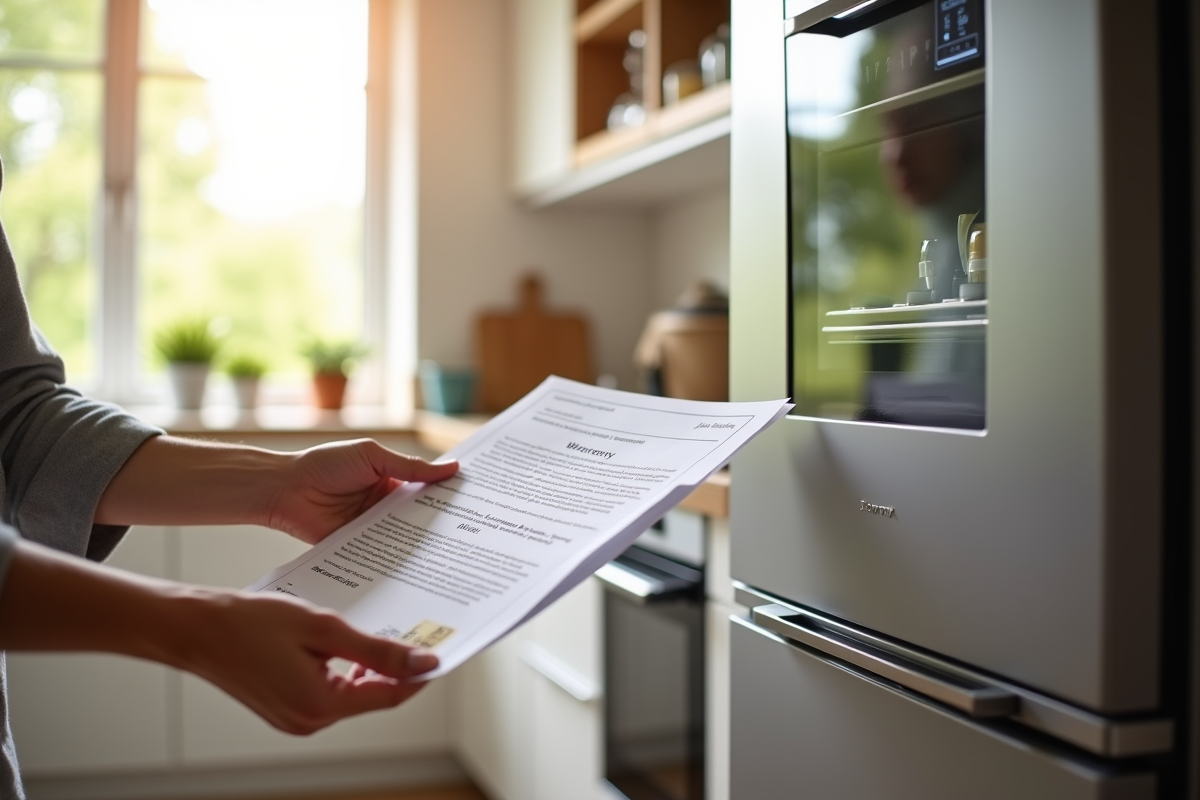 Mains tenant un document de garantie dans une cuisine lumineuse