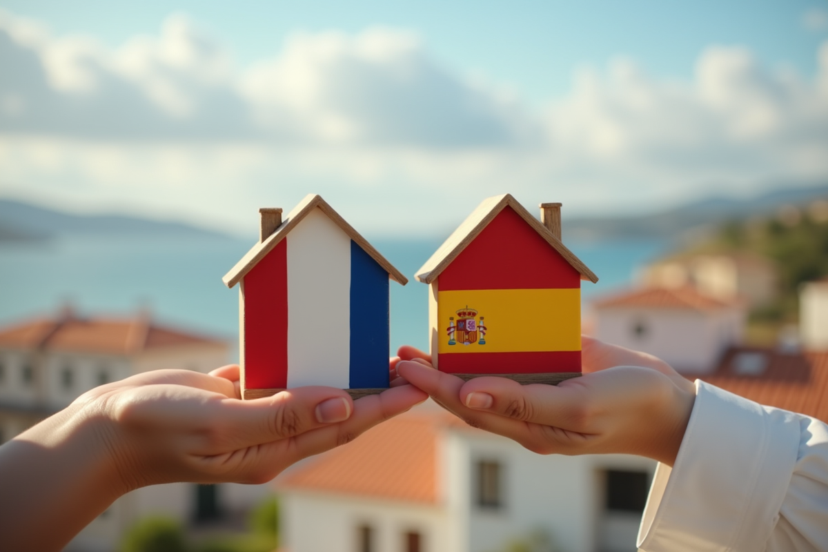 Personne tenant deux maquettes de maisons aux drapeaux français et espagnol