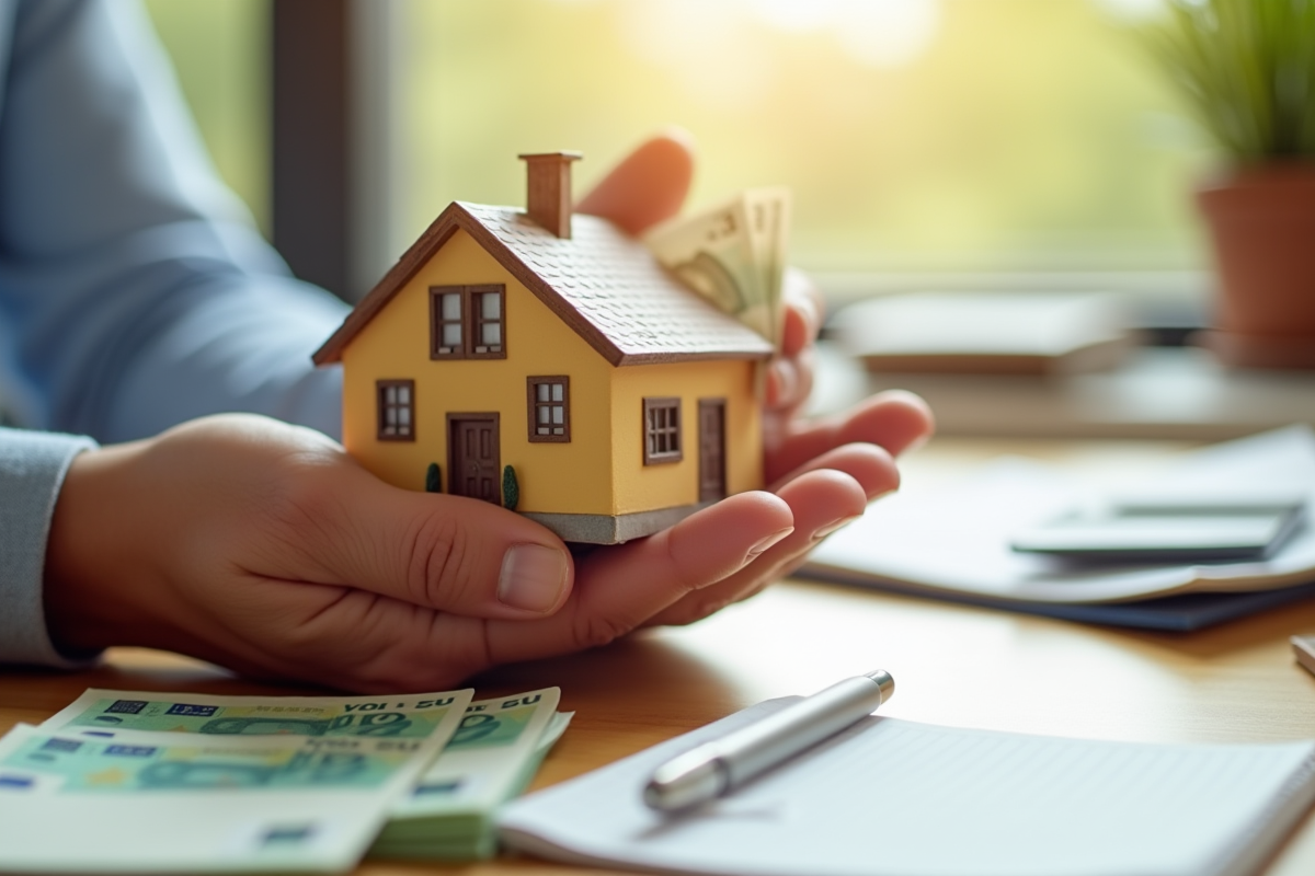Mains tenant une maquette de maison et des billets d