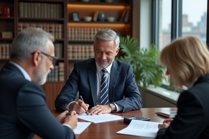 Notaire en costume vérifiant des documents financiers