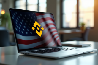 Laptop moderne affichant le logo Binance avec drapeau americain