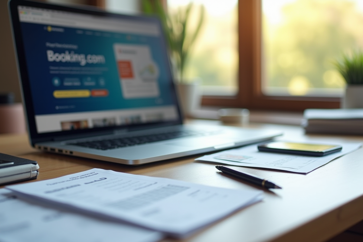 Ordinateur portable sur un bureau avec page Booking com et documents fiscaux