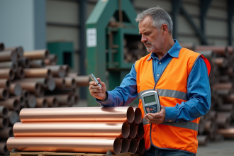 Ouvrier examinant des tuyaux en cuivre recyclé en extérieur