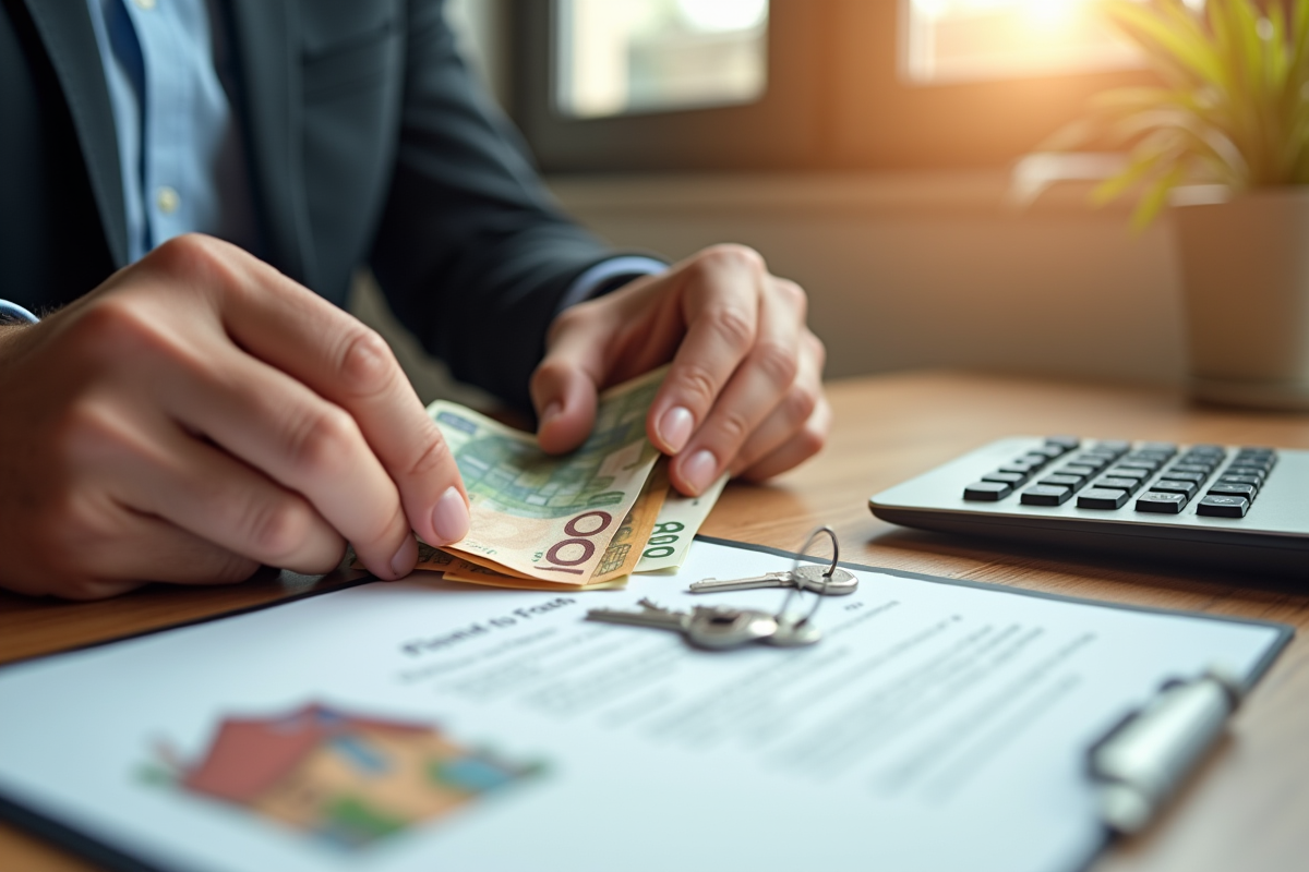 Mains posant des billets et clés sur une table en bois