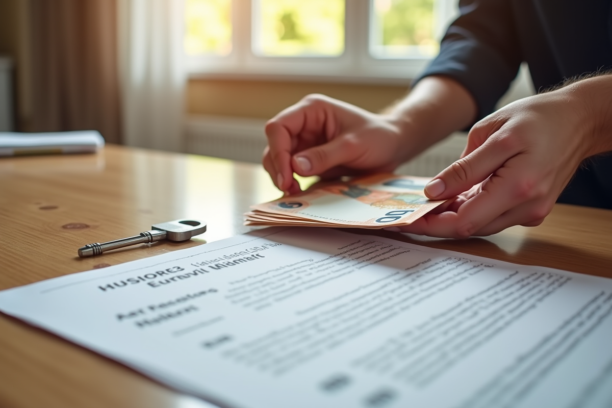 Main posant des billets et une clé de maison sur une table ensoleillée
