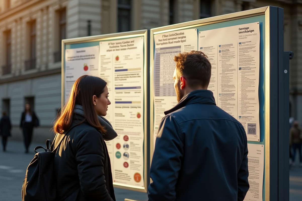 Panneau d annonces d emploi et graphiques statistiques à Bruxelles en matinée