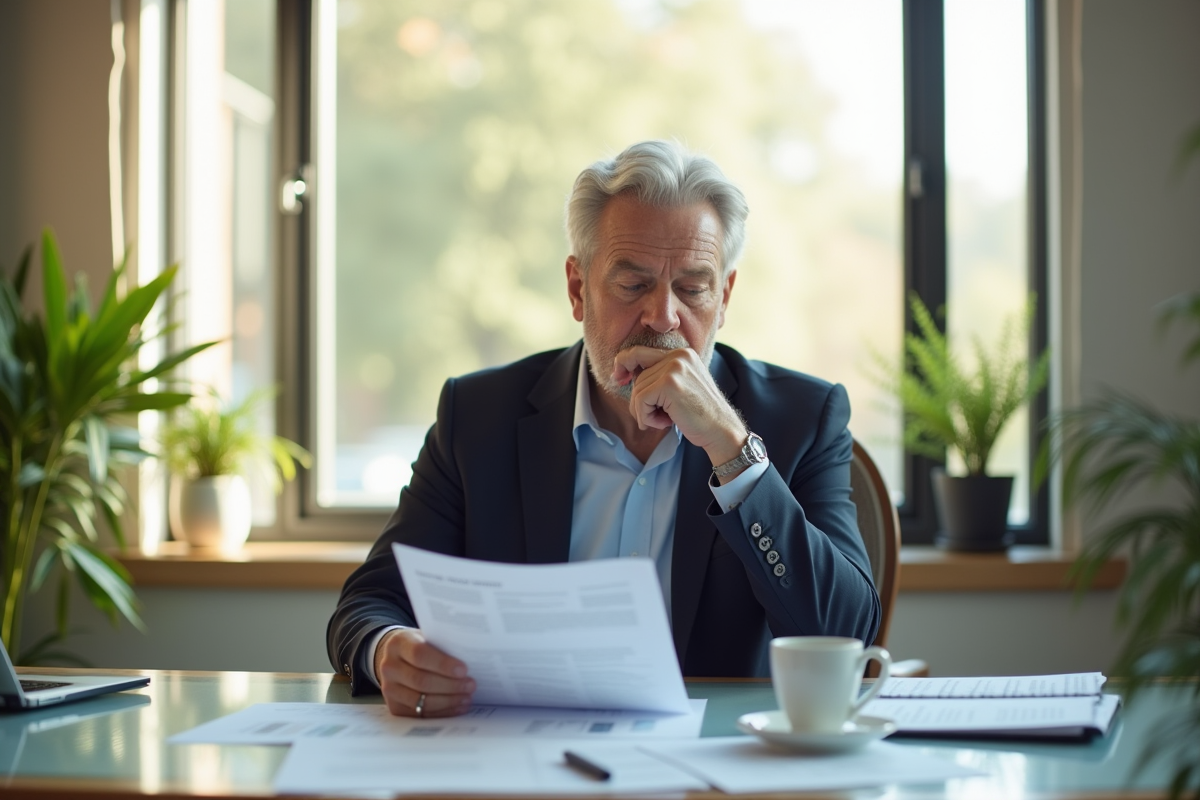 Personne d affaires en costume examine des documents dans un bureau lumineux