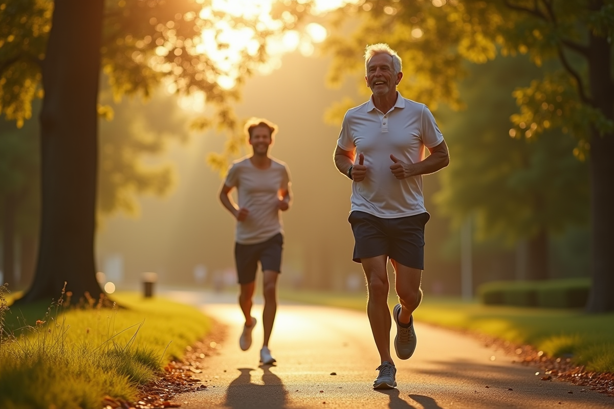 Personne faisant du jogging dans un parc ensoleille avec nature