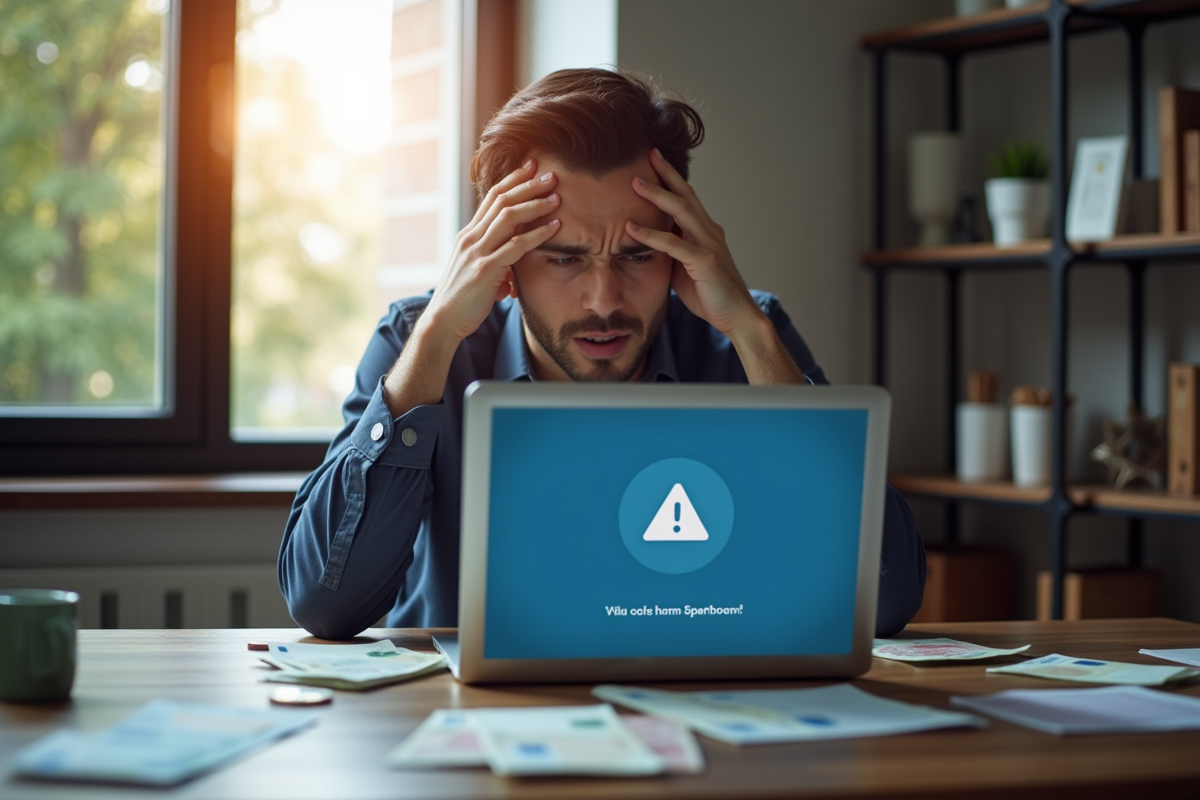 Personne frustrée devant un ordinateur avec erreur Coinbase et billets euros