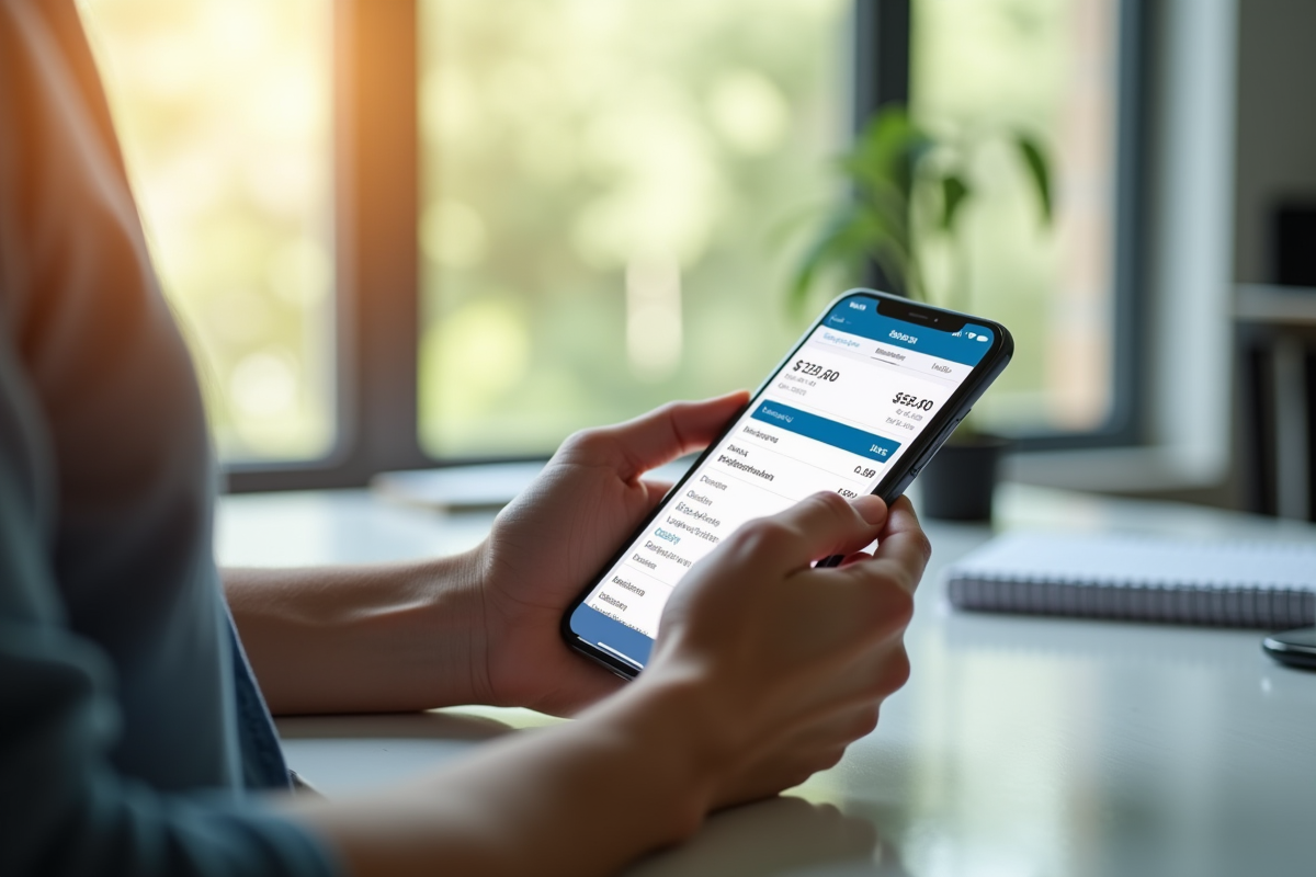 Personne vérifiant un relevé bancaire sur smartphone dans un bureau lumineux