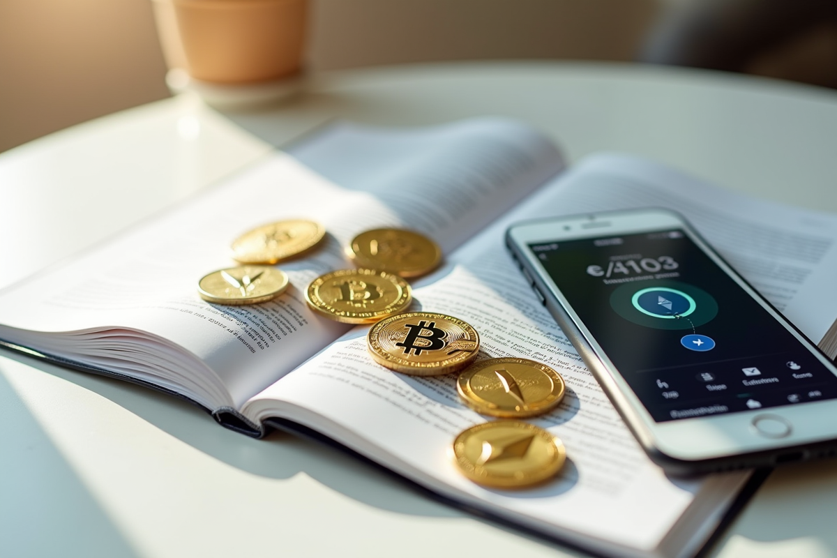 Pièces de cryptomonnaies avec guide et smartphone sur table blanche