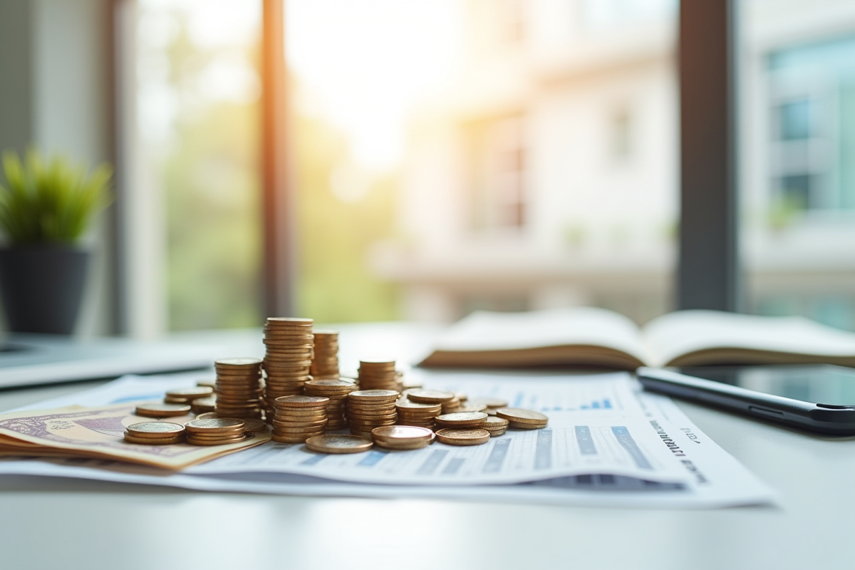 Pièces et billets en déclin avec graphiques financiers