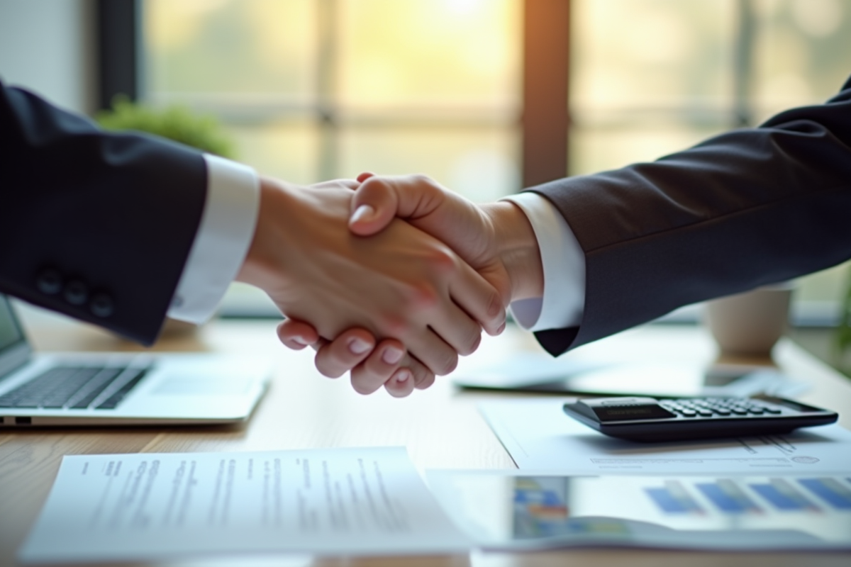 Une poignée de main entre un courtier et un client sur une table avec contrat et ordinateur