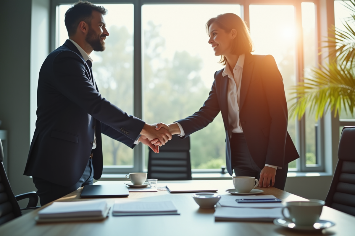 Poignée de main entre une femme d'affaires et un homme d'affaires dans un bureau moderne