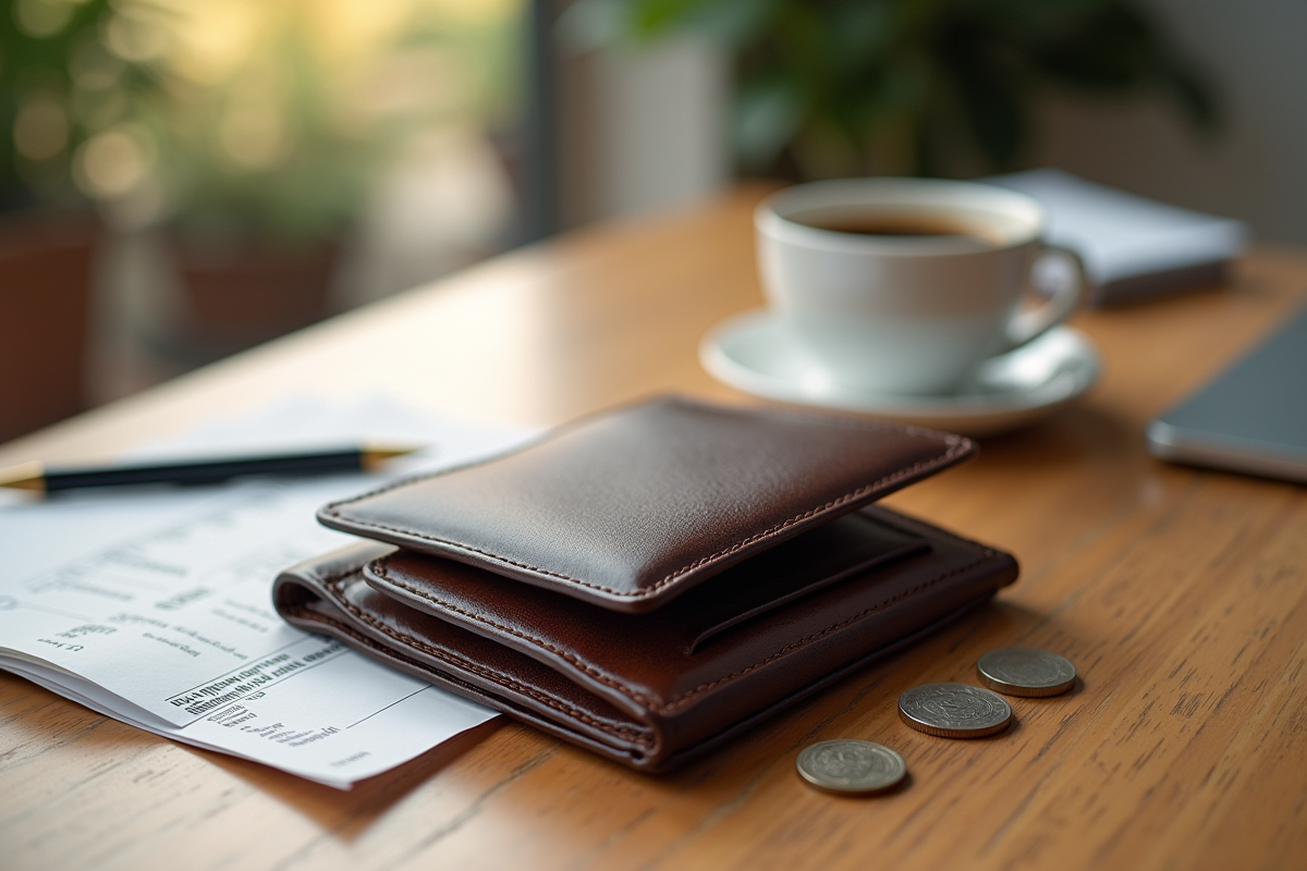 Portefeuille ouvert avec café et reçus sur un bureau clair