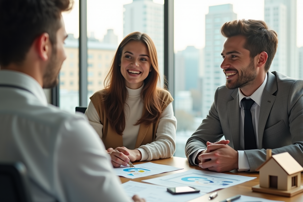 Jeune couple rencontrant un banquier dans un bureau lumineux