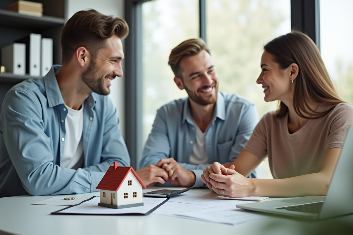 Jeune couple souriant rencontrant un banquier dans un bureau moderne