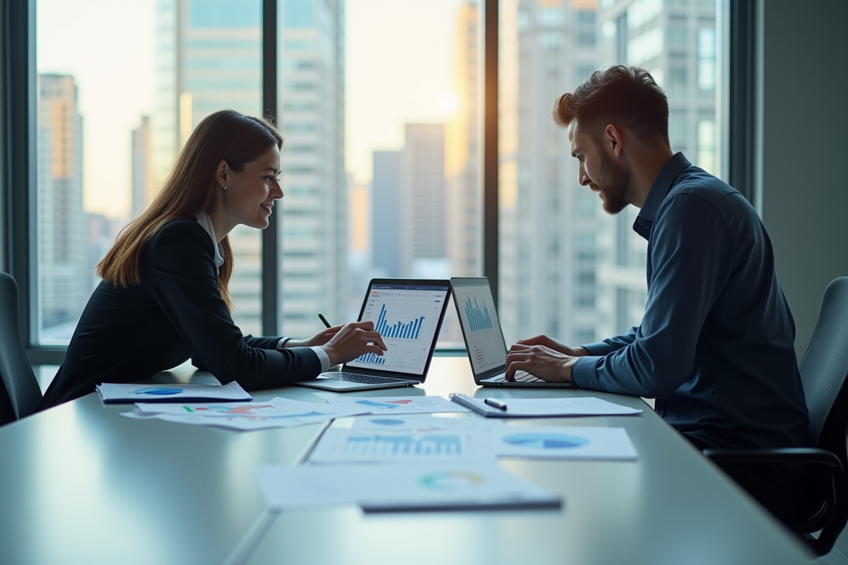 Réunion d'affaires avec deux analystes financiers analysant des graphiques