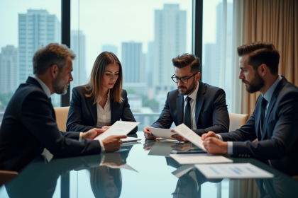 Quatre professionnels en réunion autour d'une table moderne